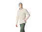 Man in een beige fleecejack, groene broek en grijze muts