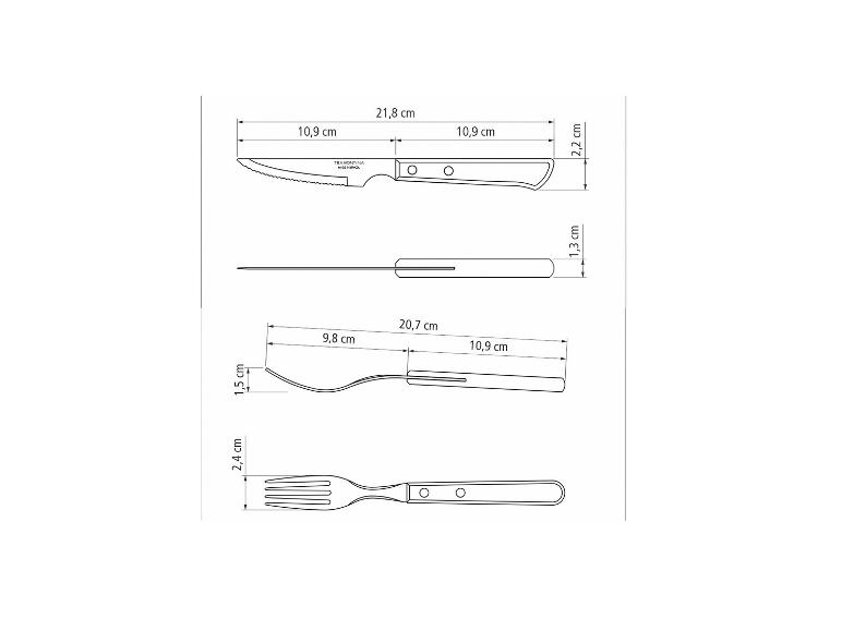 Afmetingen van mes, lepel en vork, met lengte- en breedtedetails.