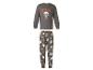 Kinder Halloween pyjama: grijs shirt met lange mouwen met een skelet op een skateboard en de tekst 'BOOO YA!', en bijpassende broek met spoken, schedels, spinnenwebben en botten.