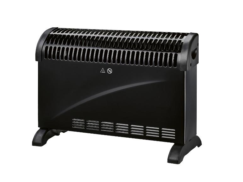 Zwarte elektrische kachel met ventilatieopeningen en veiligheidssymbolen.