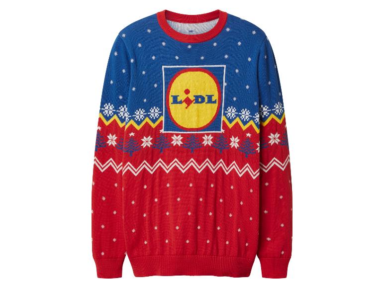 Lidl kersttrui, blauw en rood, met logo en sneeuwvlokken.