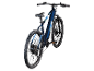 Donkerblauwe elektrische mountainbike met lichtblauwe details.