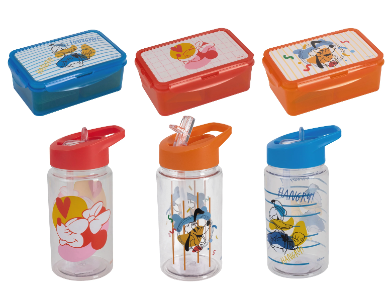 Disney lunchboxen en drinkbekers: Minnie, Pluto en Donald.