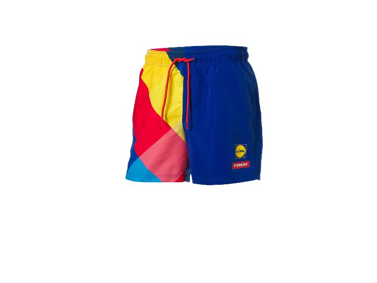 Heren zwemshort in blauw, geel en rood, met een geometrisch patroon.