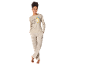 Beige damespyjama met lange mouwen en gestreepte broek, met opdruk 'CAN'T ADULT TODAY'.