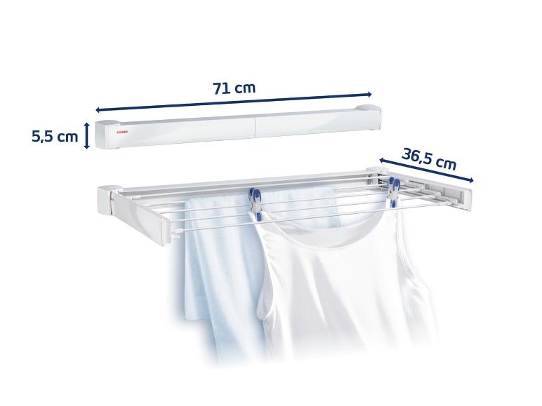 Wanddroogrek, 71 cm breed, 5,5 cm hoog, uitschuifbaar 36,5 cm, met wasgoed