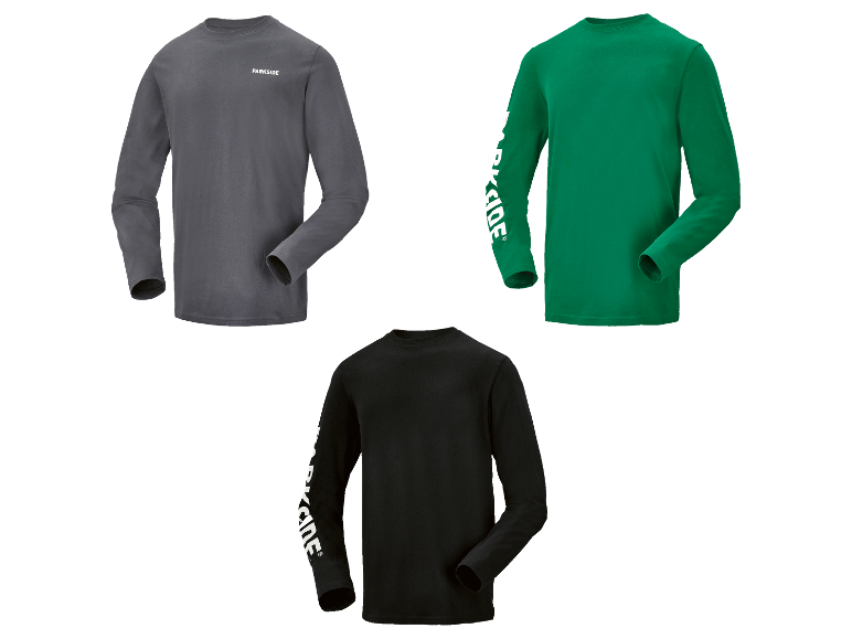 Drie Parkside shirts met lange mouwen in grijs, groen en zwart.