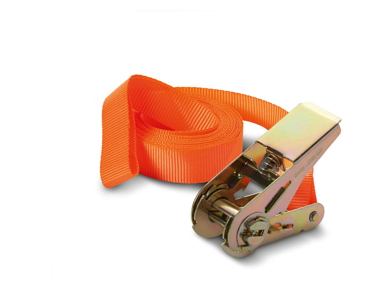Een oranje gesp met een band voor het vastmaken van lading.