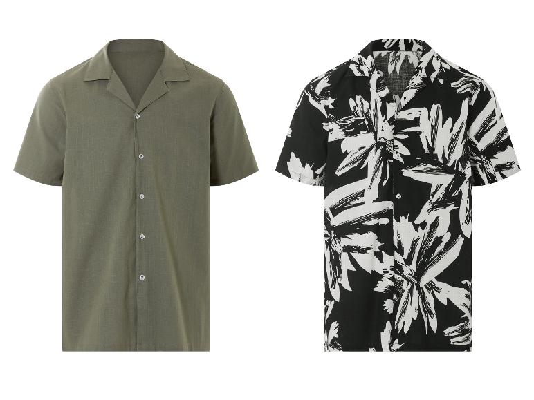 Korte mouwen overhemden: een olijfgroene effen en een zwart-witte met bloemenprint.