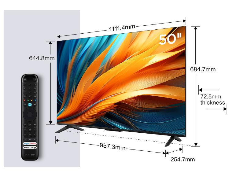 50-inch televisie met afstandsbediening, inclusief afmetingen.