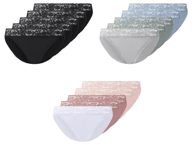 Vijfpacks dames kanten slips in zwart, blauw/grijs en roze/wit.