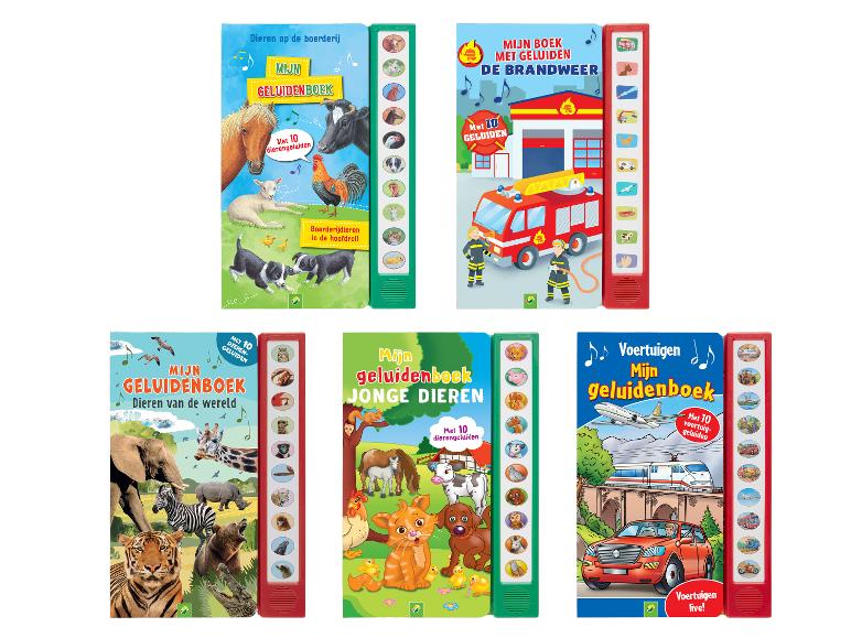 Vijf kinderklankboeken met thema's boerderij, brandweer, werelddieren, jonge dieren en voertuigen.