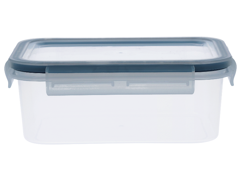 Transparante plastic opbergdoos met deksel.