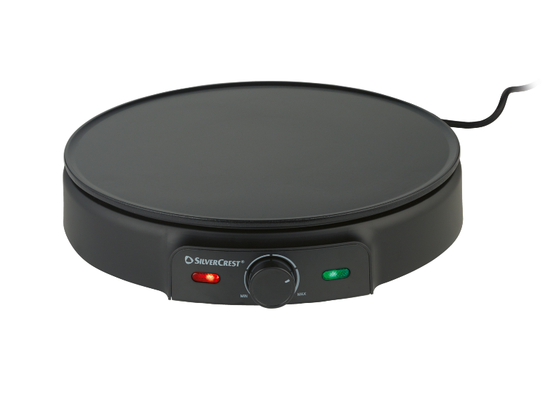 Zwart elektrisch crêpe-apparaat met instelbare thermostaat en indicatielampjes.