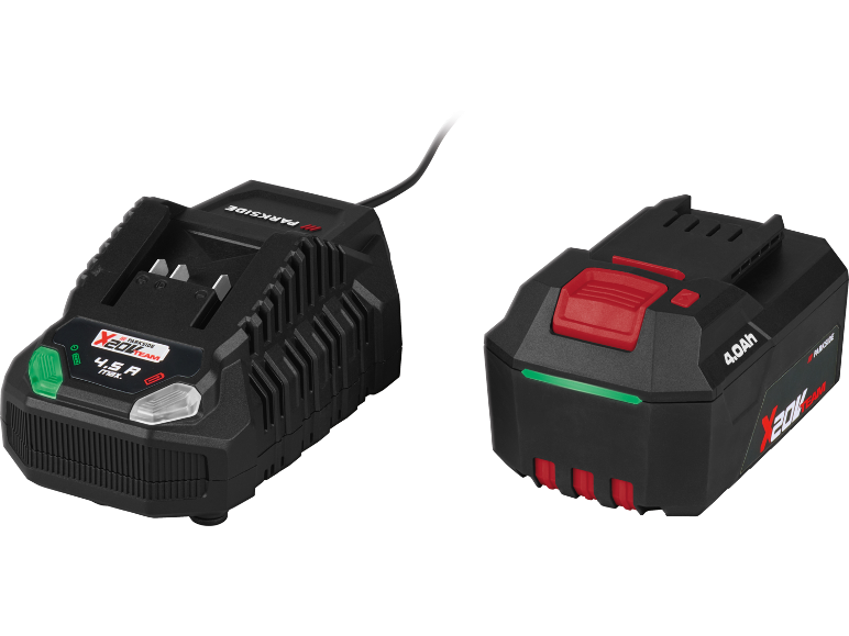 Zwarte acculader en 4.0Ah accu met rode en groene details.