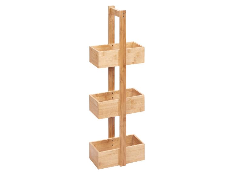 Driedelige bamboe badkamer organizer met opbergmanden.