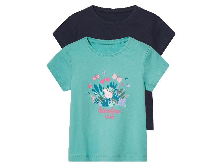 Twee shirts voor meisjes: een lichtgroene met Peppa Pig en een donkerblauwe.