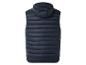 Donkerblauw gewatteerd vest met capuchon, achterkant.