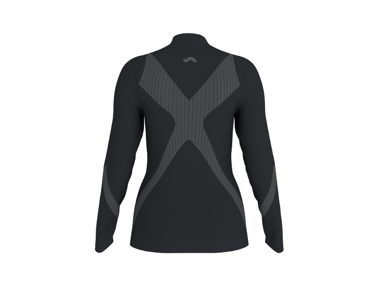 Zwart sportshirt met lange mouwen, X-patroon en grijze strepen op de rug.