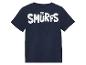 Een donkerblauw T-shirt met de Smurfen erop.