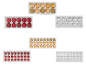 Diverse sets kerstballen in rood, goud en zilver, met glanzende, matte en glitterafwerkingen.