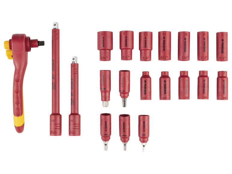 Parkside schroevendraaierset met verschillende bits en verlengstukken.