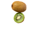 Een hele en een halve kiwi op een zwarte achtergrond.