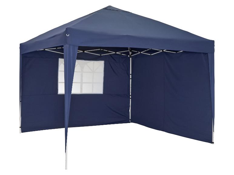Donkerblauwe pop-up partytent met één zijpaneel met raam, op een witte achtergrond.