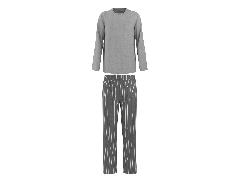 Grijze pyjamaset voor heren met lange mouwen en gestreepte broek.