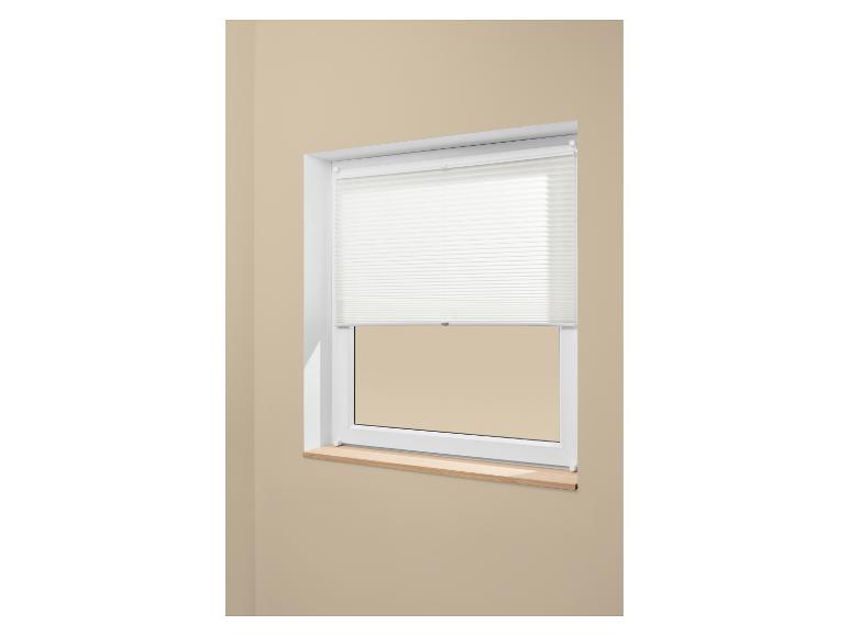 Raam met wit plisségordijn en lichte houten vensterbank tegen een beige muur.