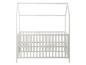 Een wit houten babybed met een huisvormig ontwerp.