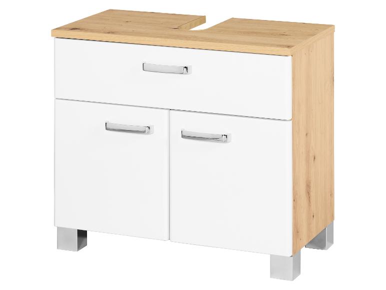 Wit badkamermeubel met lade en deuren, licht houten blad.