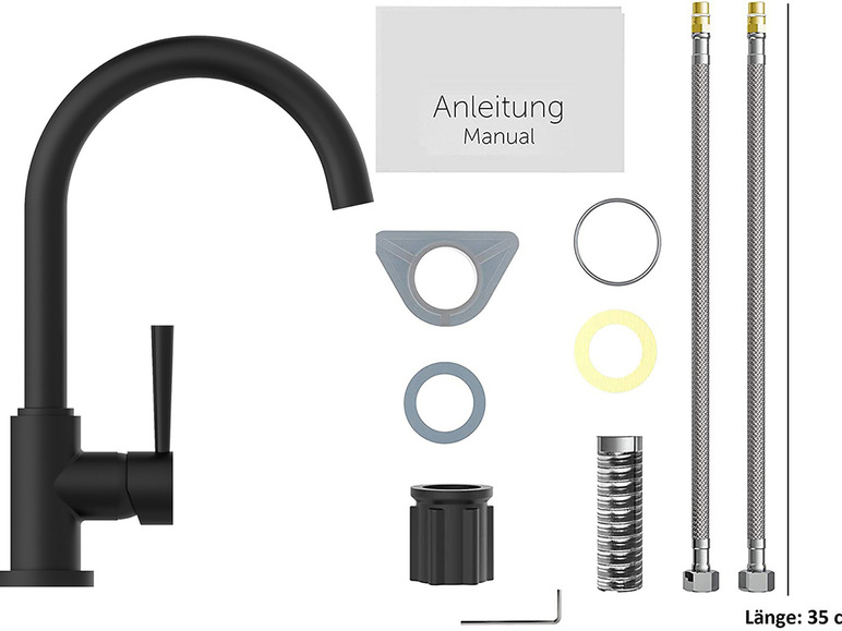 Zwarte keukenkraan met flexibele aansluitslangen en installatie-instructies.