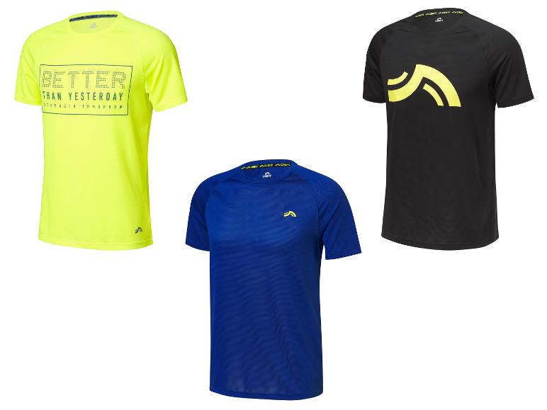 Drie Crivit sportshirts: geel, zwart en blauw.