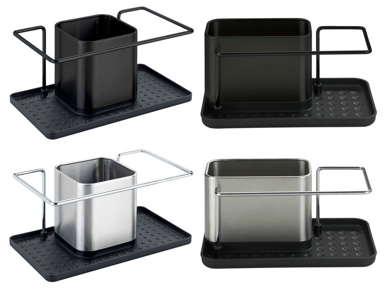 Vier keukenspullenrekken in zwart en zilver met afdruiprek.