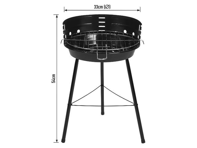 Zwarte houtskoolbarbecue met een diameter van 33 cm en een hoogte van 54 cm.