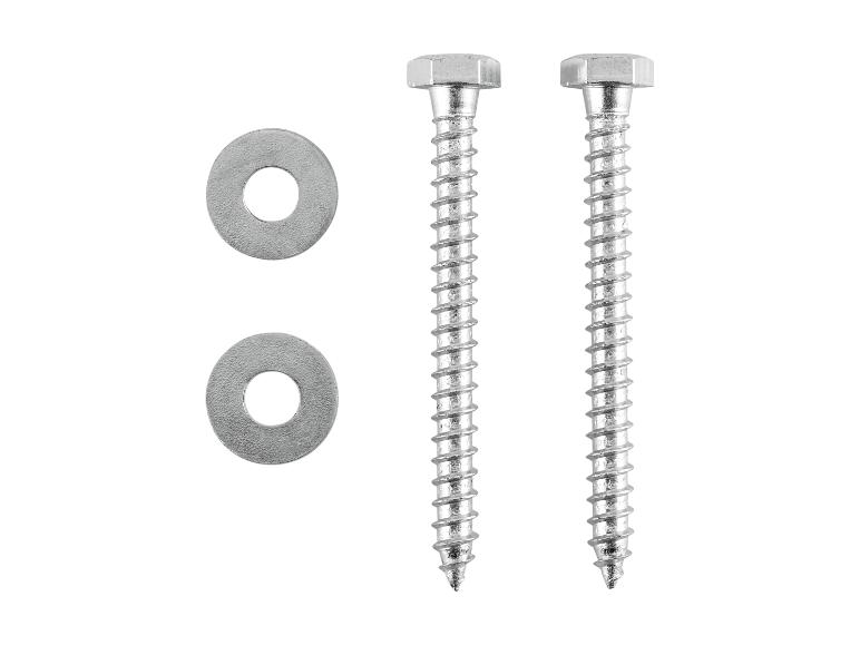 Twee zeskantige houtschroeven en twee metalen ringen.