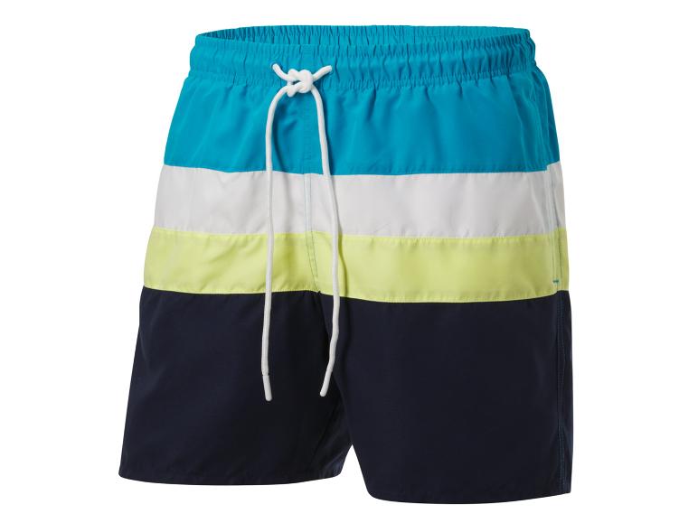 Multicolor zwemshorts: blauw, wit, lichtgeel en donkerblauw.