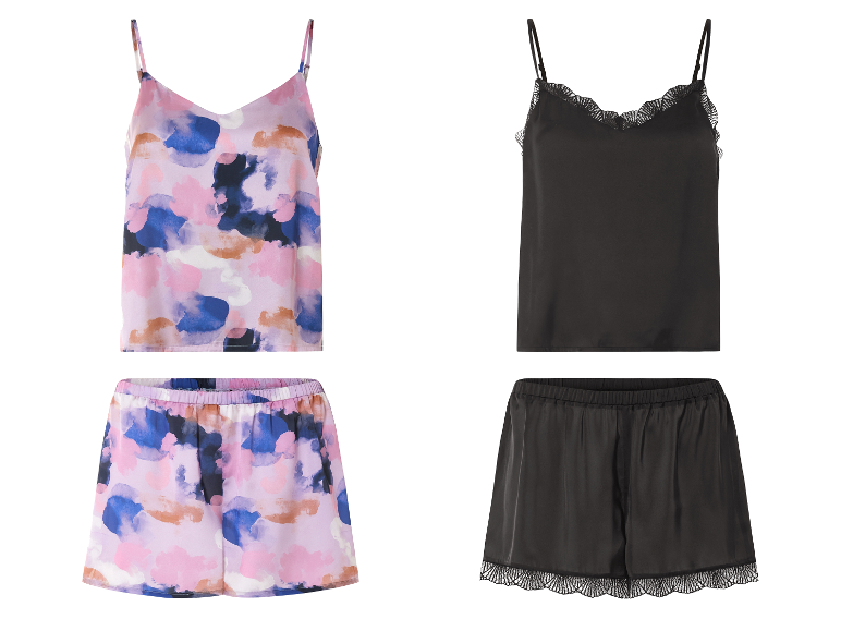 Dames pyjama's: zijden topjes en shorts met abstracte prints en zwarte zijden sets met kant.