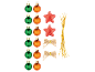 Set kerstboomversiering met groene en oranje ballen, rode sterren en strikken