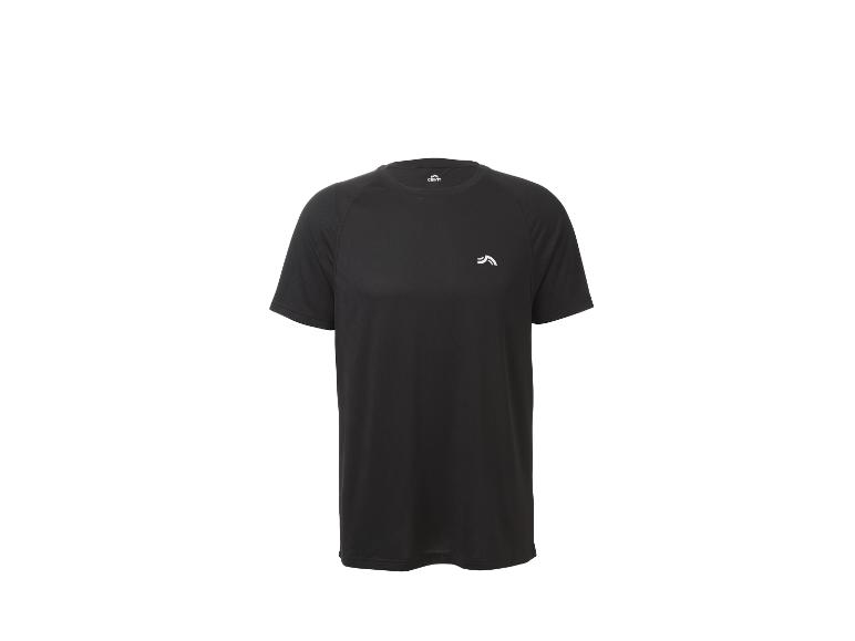 Zwart sport-T-shirt met korte mouwen en een klein wit logo op de borst.