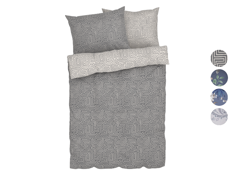 Grijs en beige beddengoed met een labyrintpatroon.