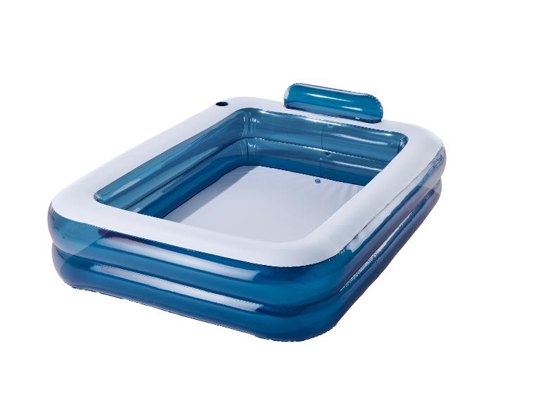 Blauw opblaasbaar zwembad met hoofdsteun.