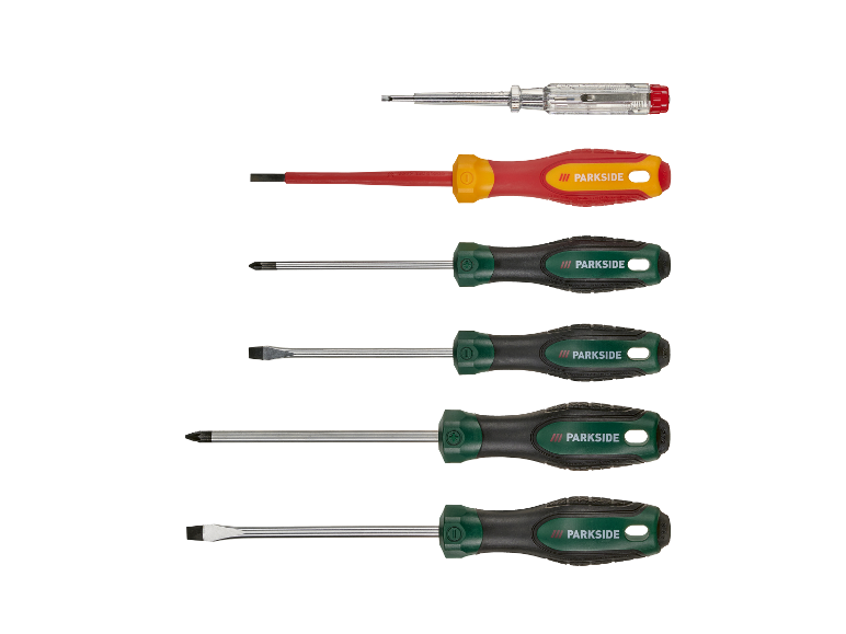 Parkside schroevendraaierset: zes schroevendraaiers in verschillende maten en punttypen.