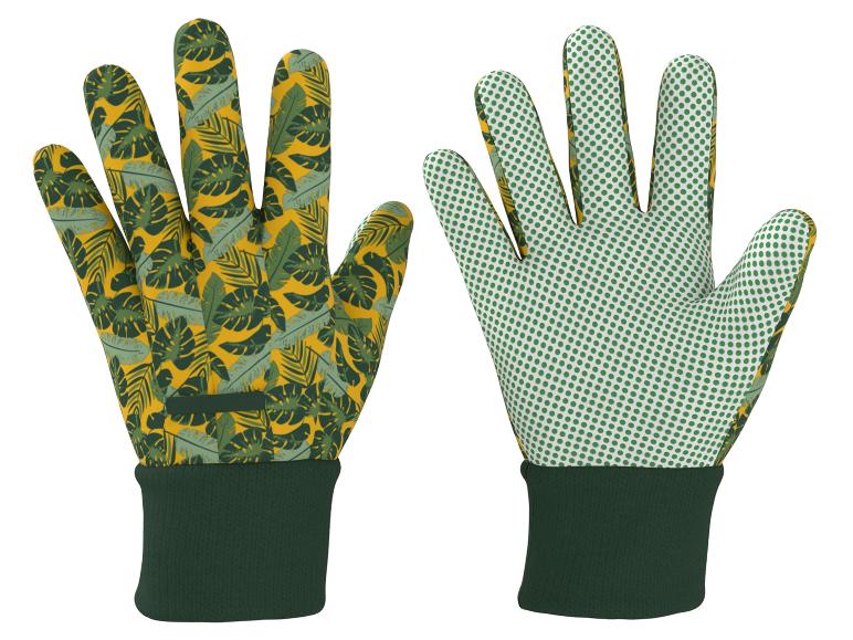 Tuinhandschoenen met bladpatroon en antislip grip.