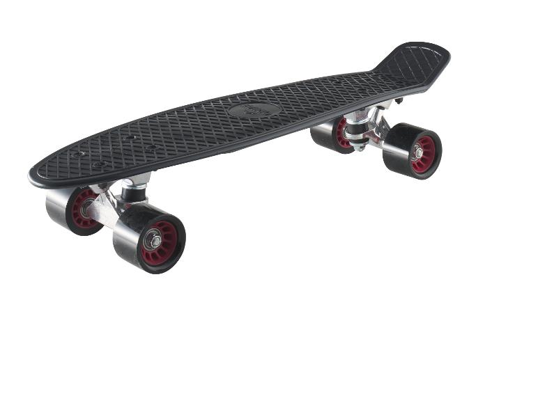 Zwarte skateboard met rode wielen.