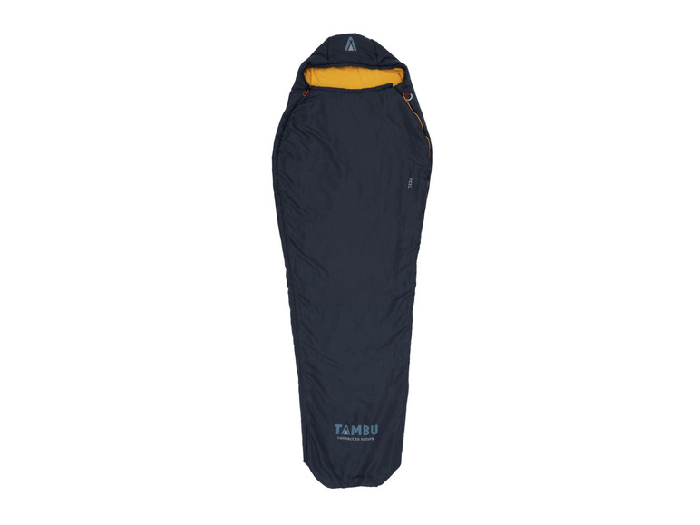 Een donkerblauwe slaapzak van Tambu voor kamperen.