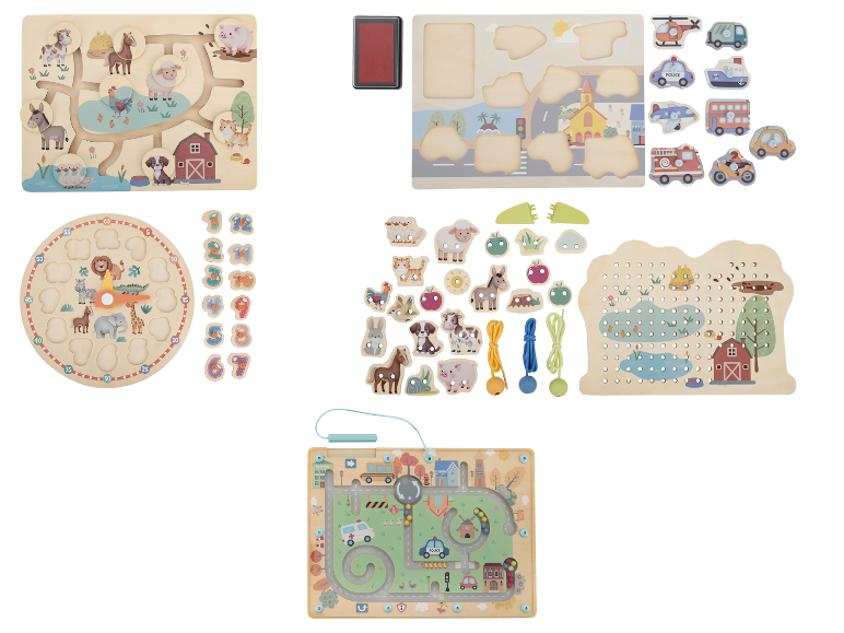 Een assortiment houten speelgoed voor kinderen, waaronder doolhoven, puzzels en rijgspellen.