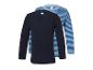 Twee shirts met lange mouwen: een donkerblauw en een blauw gestreept.