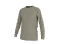 Beige shirt met lange mouwen, contrasterende stiksels en klein logo op de borst.